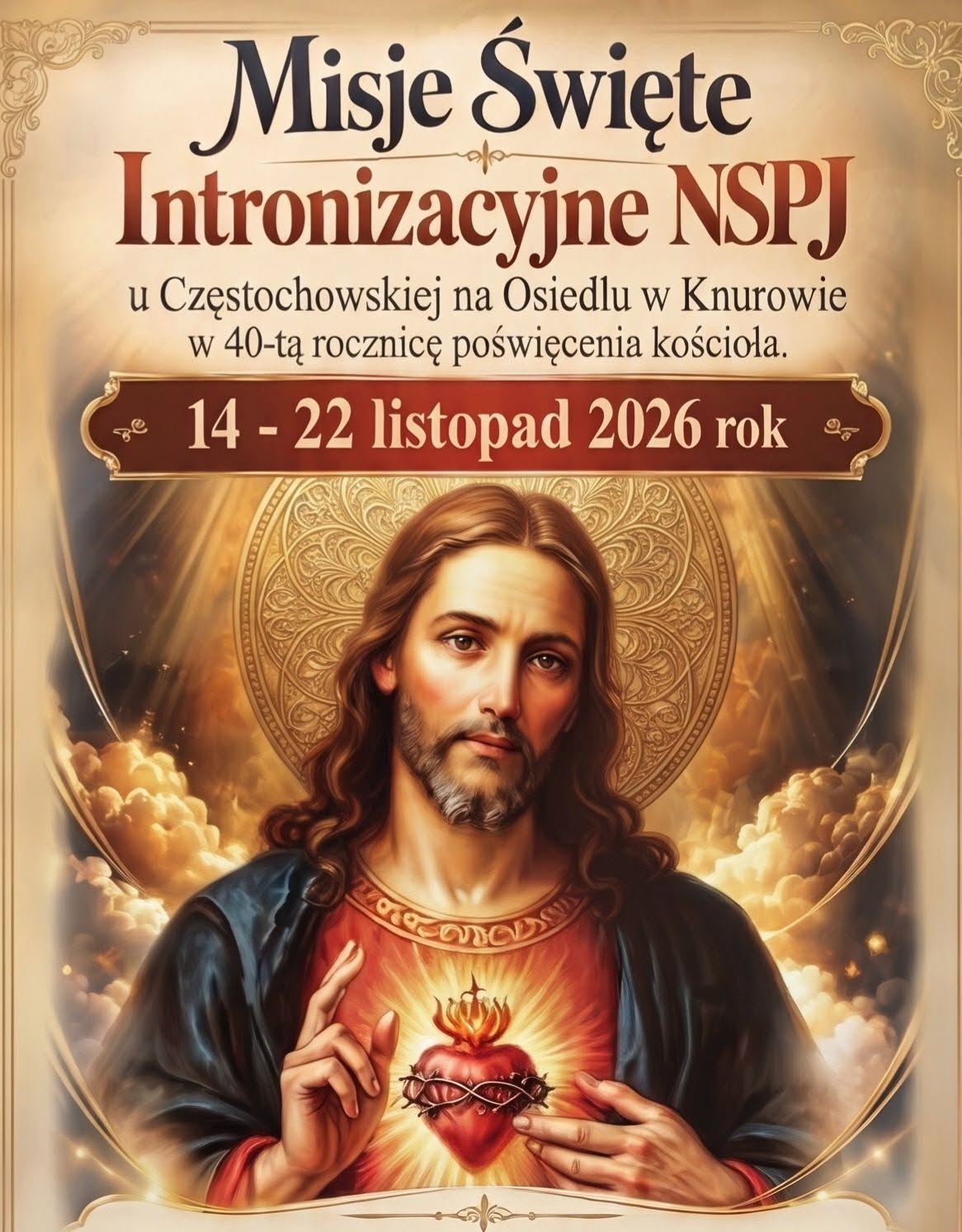 Plakat: Misje Święte Intronizacyjne Najświętszego Serca Pana Jezusa w parafii Matki Bożej Częstochowskiej w Knurowie, 14–22 listopada 2026